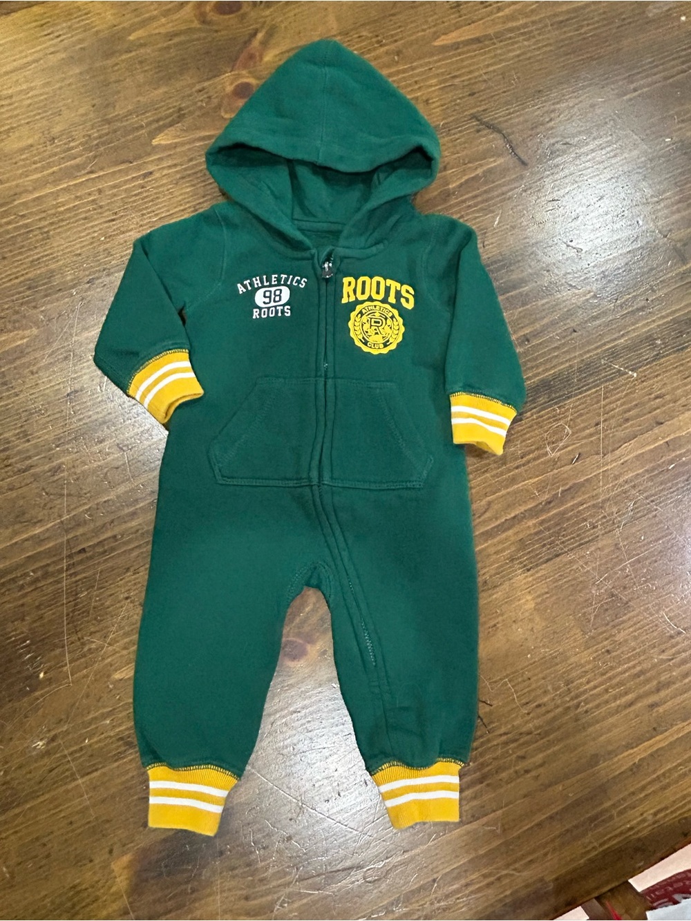 Roots Green Hooded Baby One-Piece with Yellow Accents 3/6 Months